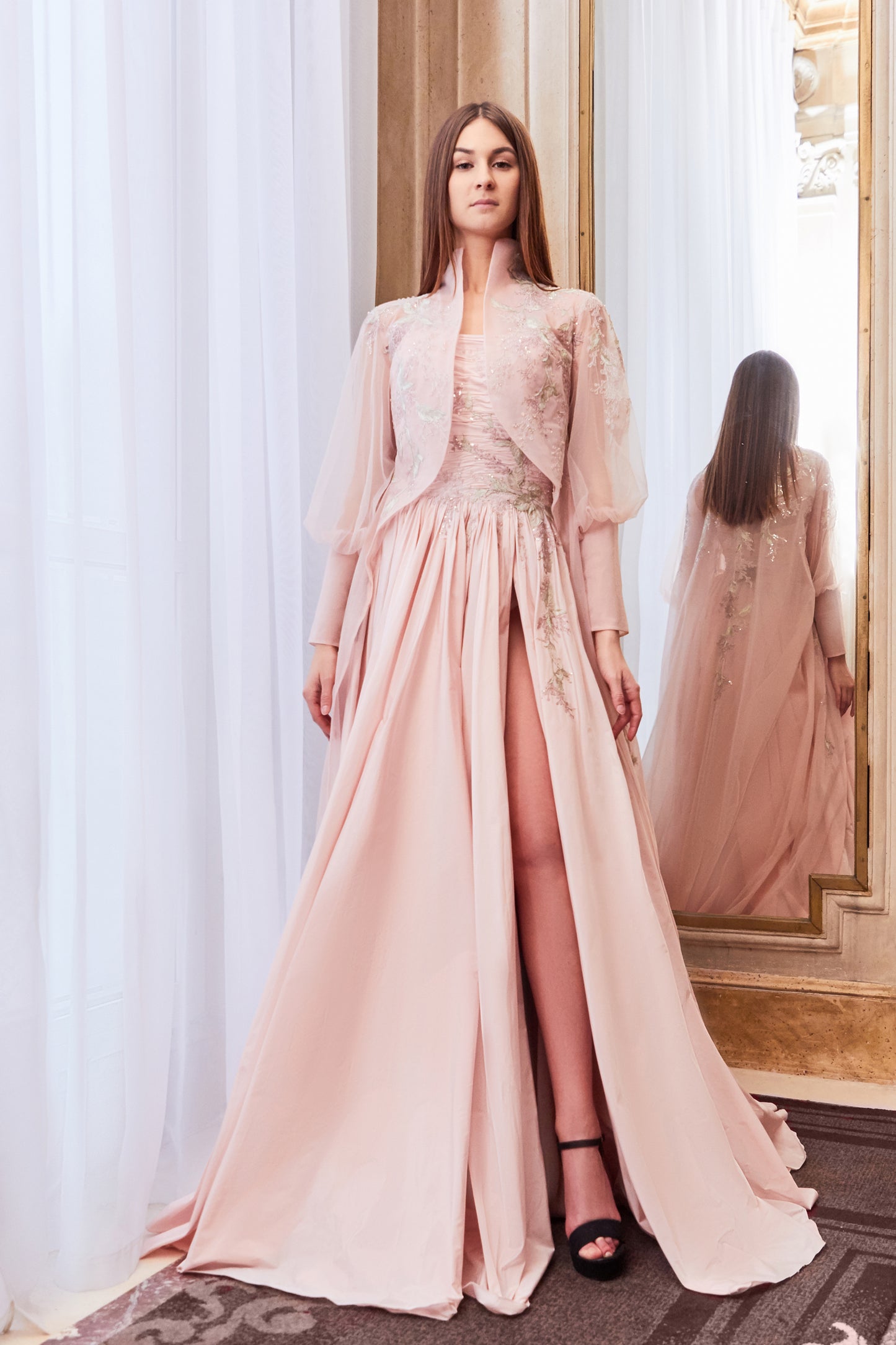 Strapless A-Line Slit Gown with Cape