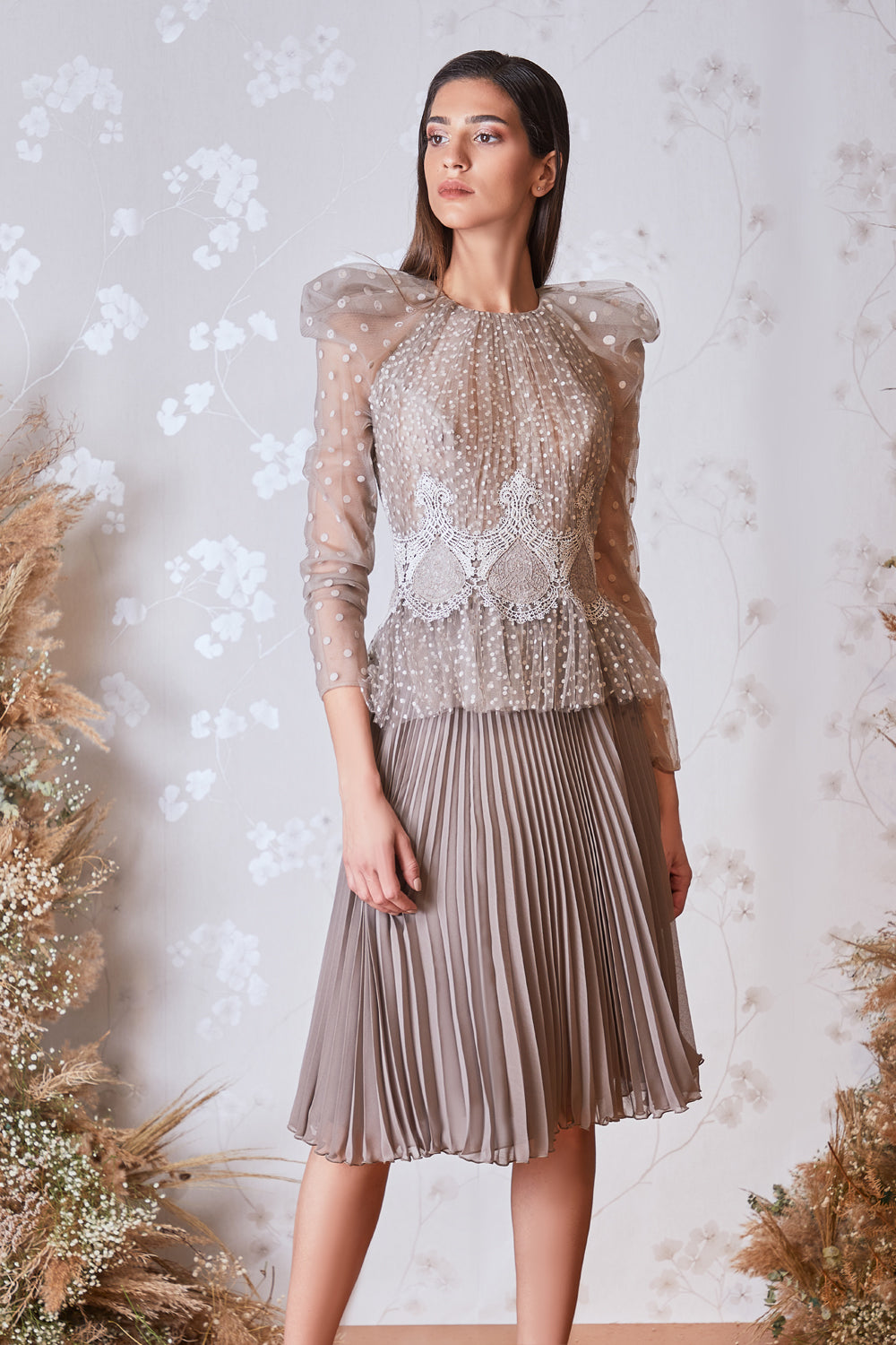 Sheer Sleeve Top and Pleated Skirt