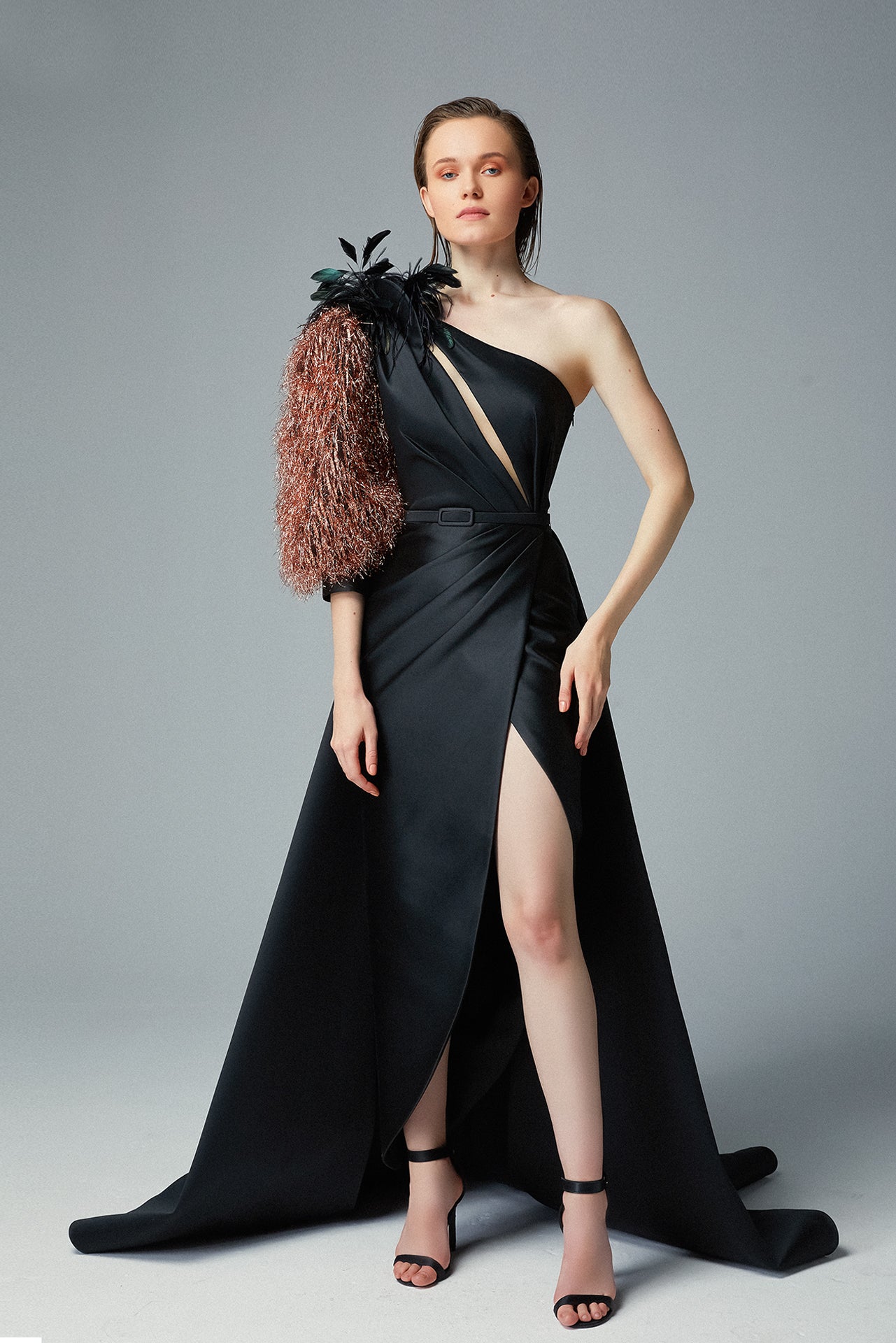 Asymmetrical Feather Sleeve Gown