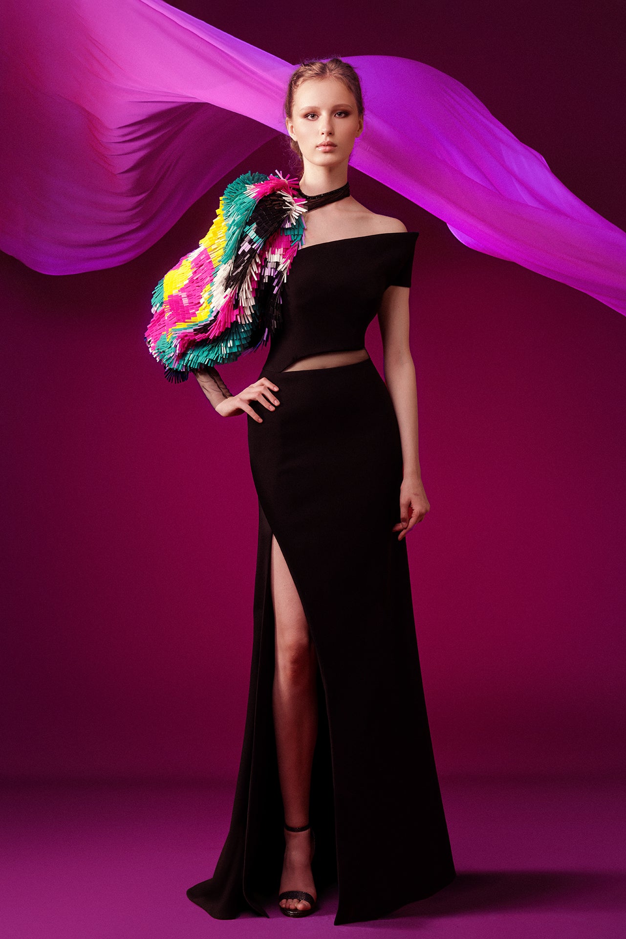 Asymmetrical Off Shoulder Crepe Gown