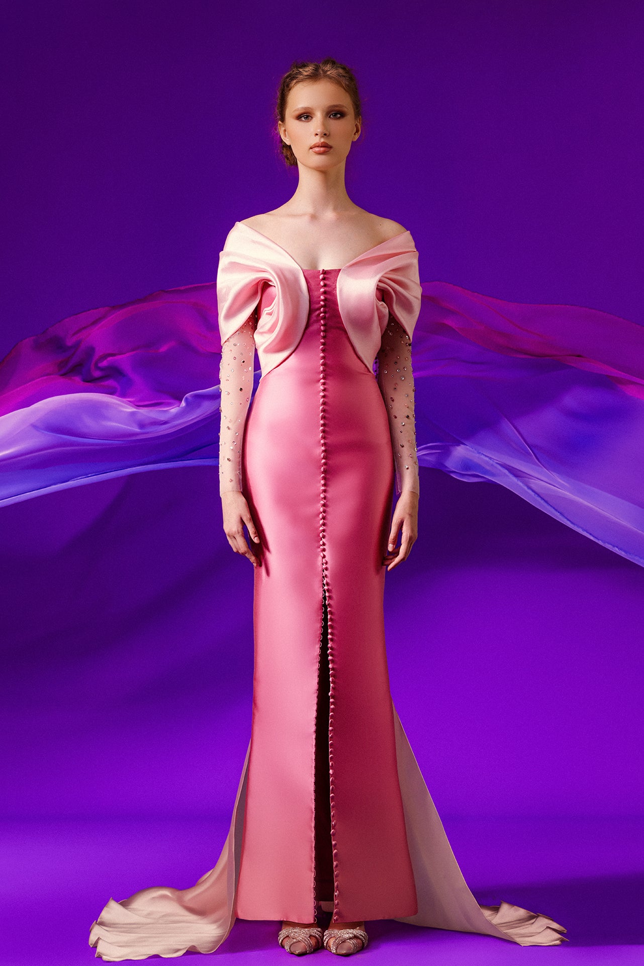 Beaded Sleeves Off the Shoulder Column Gown