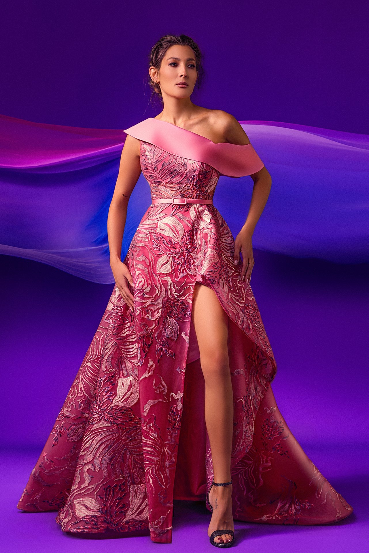 One Shoulder Cady Embroidered Tulle Gown