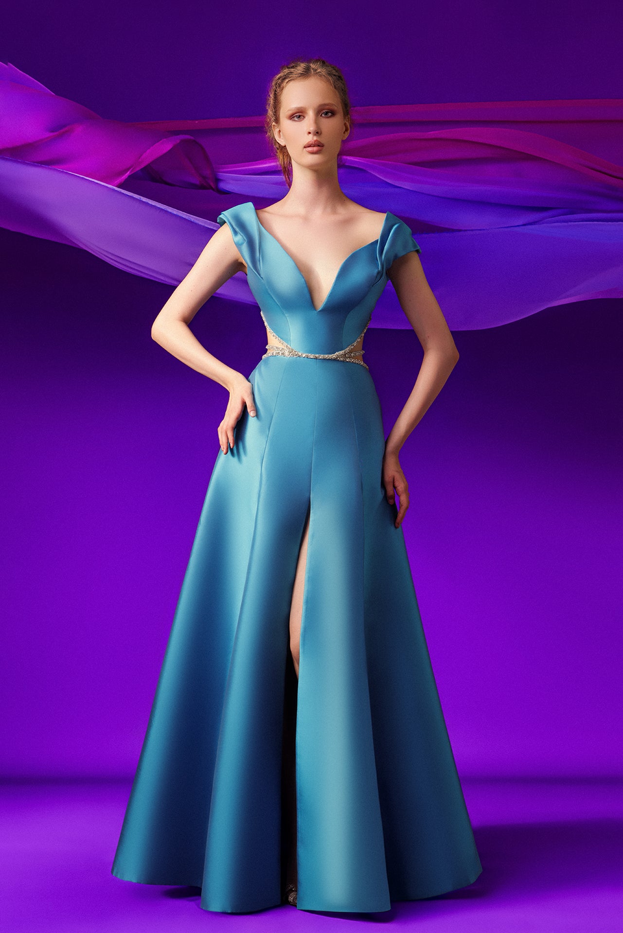 A-Line Embroidered Waist Slit Gown