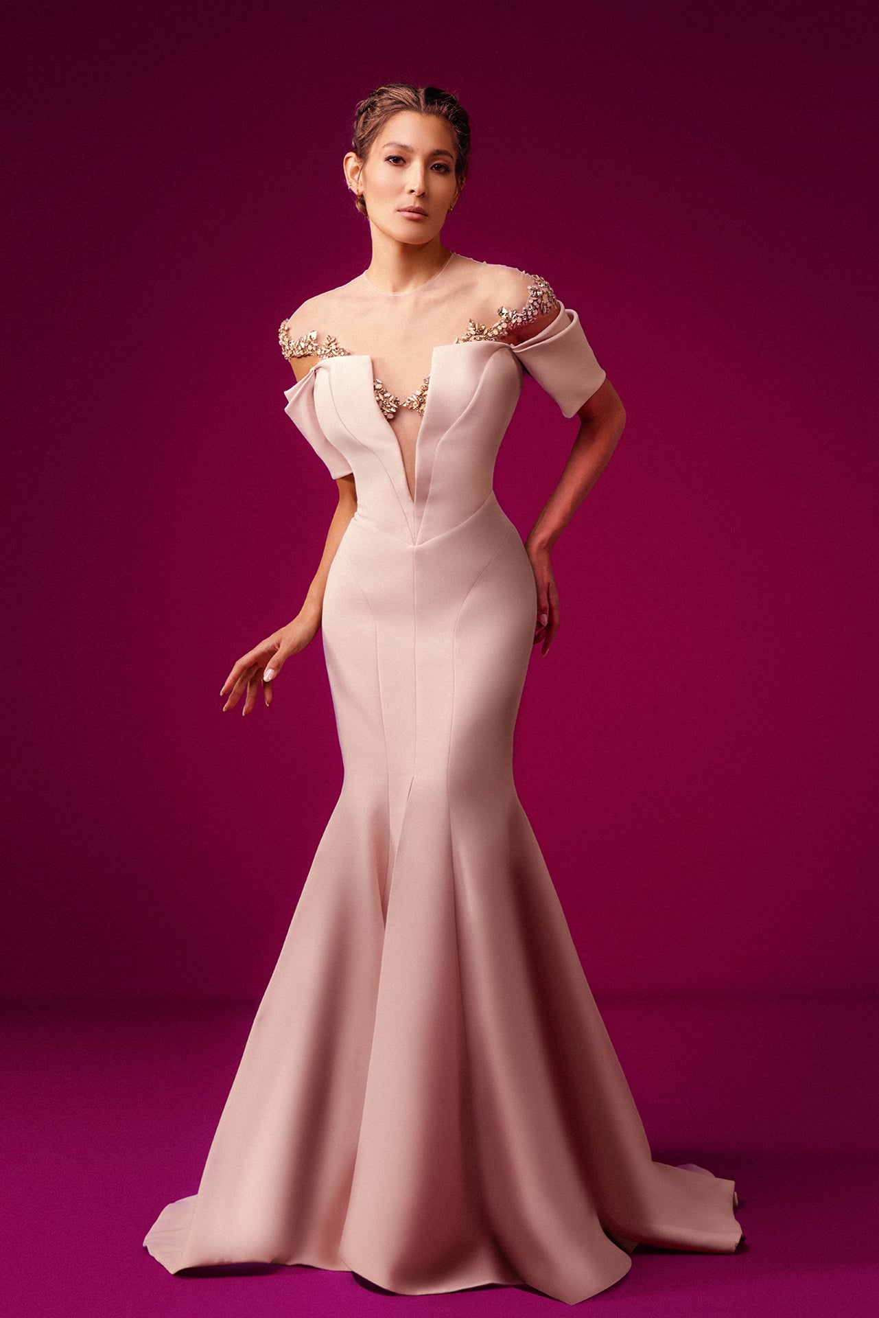 Off Shoulder V-Plunging Crepe Gown