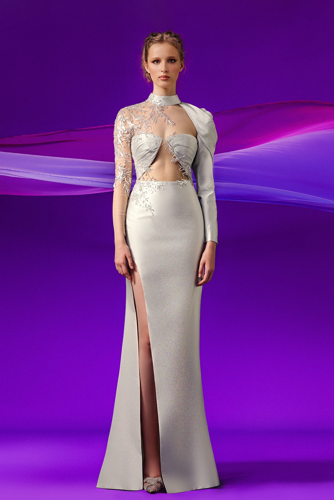 Embroidered Cut-Out Illusion Gown