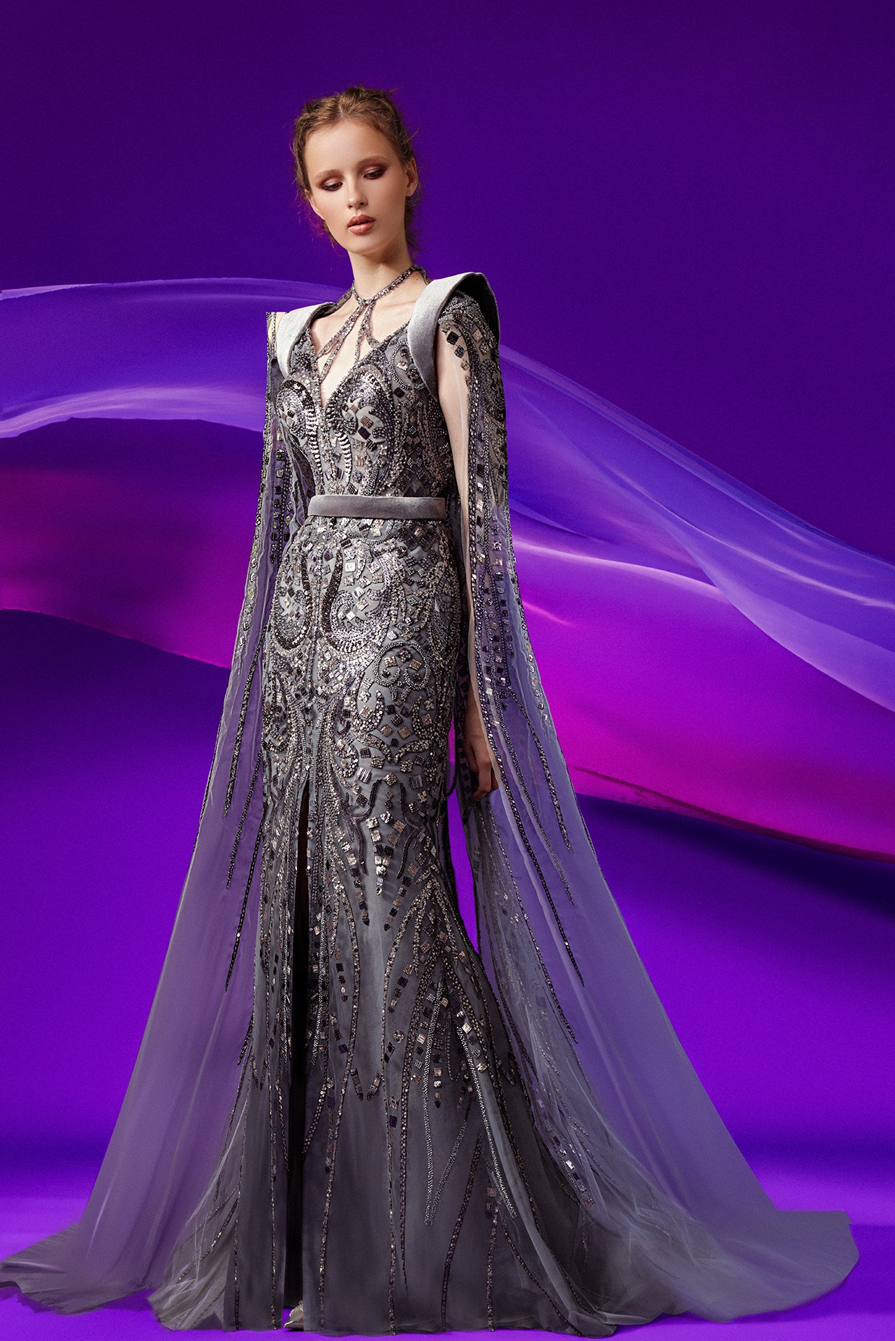 Tulle Evening Gown with Bell Sleeves