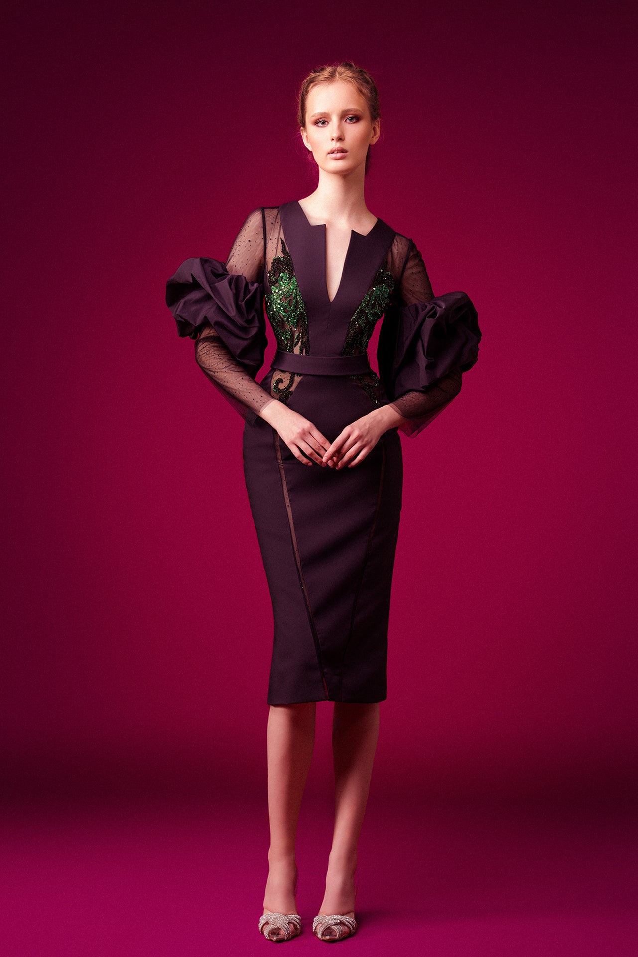 Long Sleeve V-Neck Embroidered Midi Dress