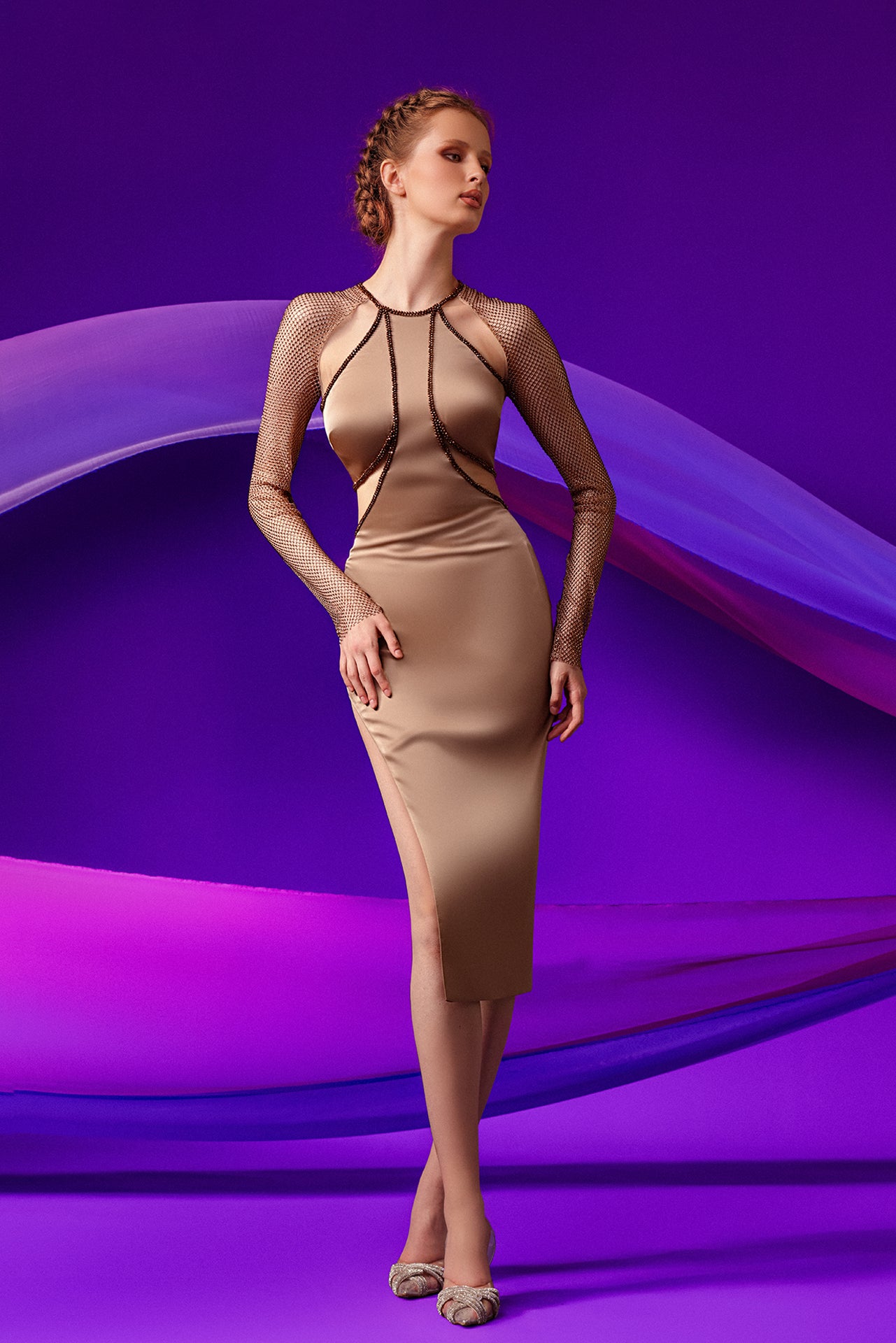 Satin Midi Dress with Swarovski Crystals