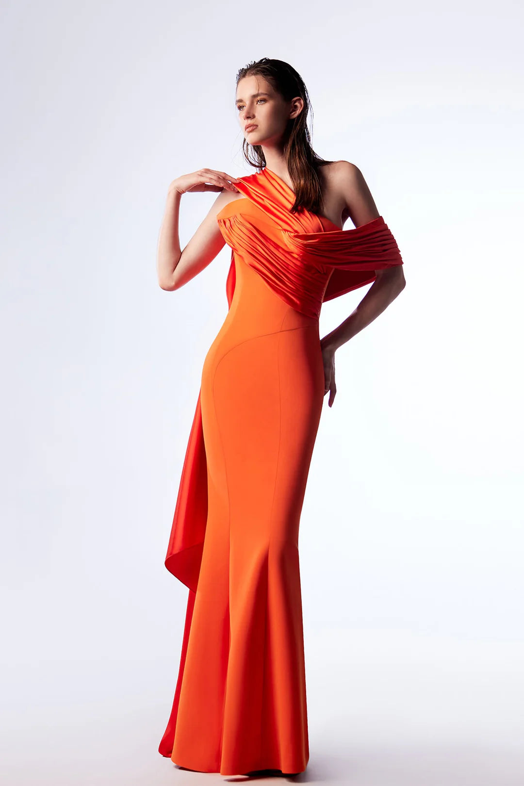 Asymmetrical Ruched Draped Gown