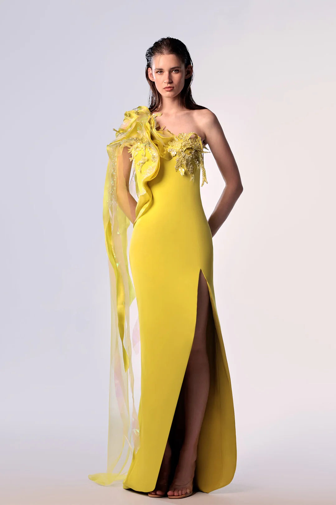 Detailed Draping One-Shoulder Gown