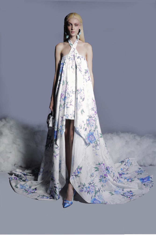 Draped Printed Brocade Dress