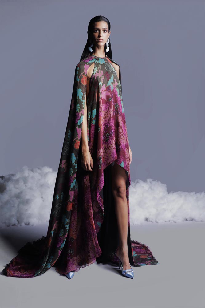 Printed Chiffon Dress with Cape