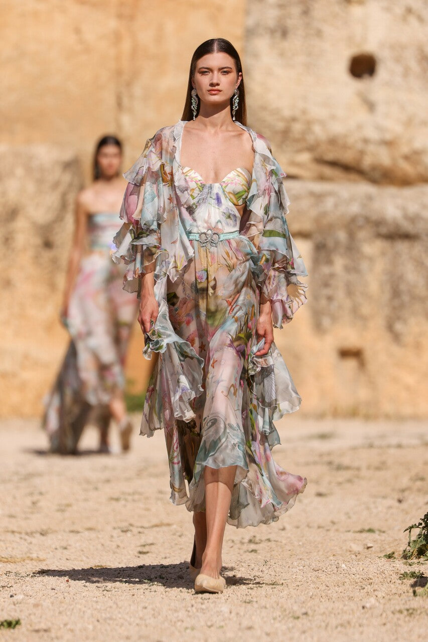 Strapless Ruffled Cape Dress