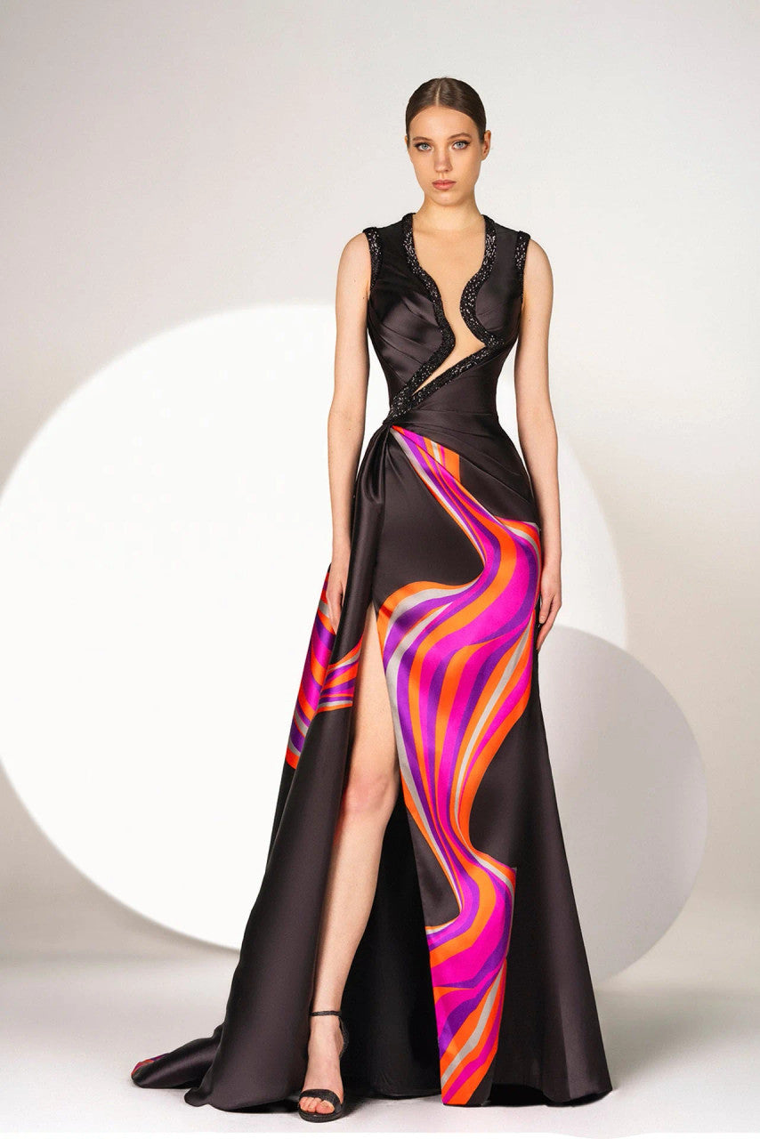 Asymmetric-Neckline Printed Mikado Gown