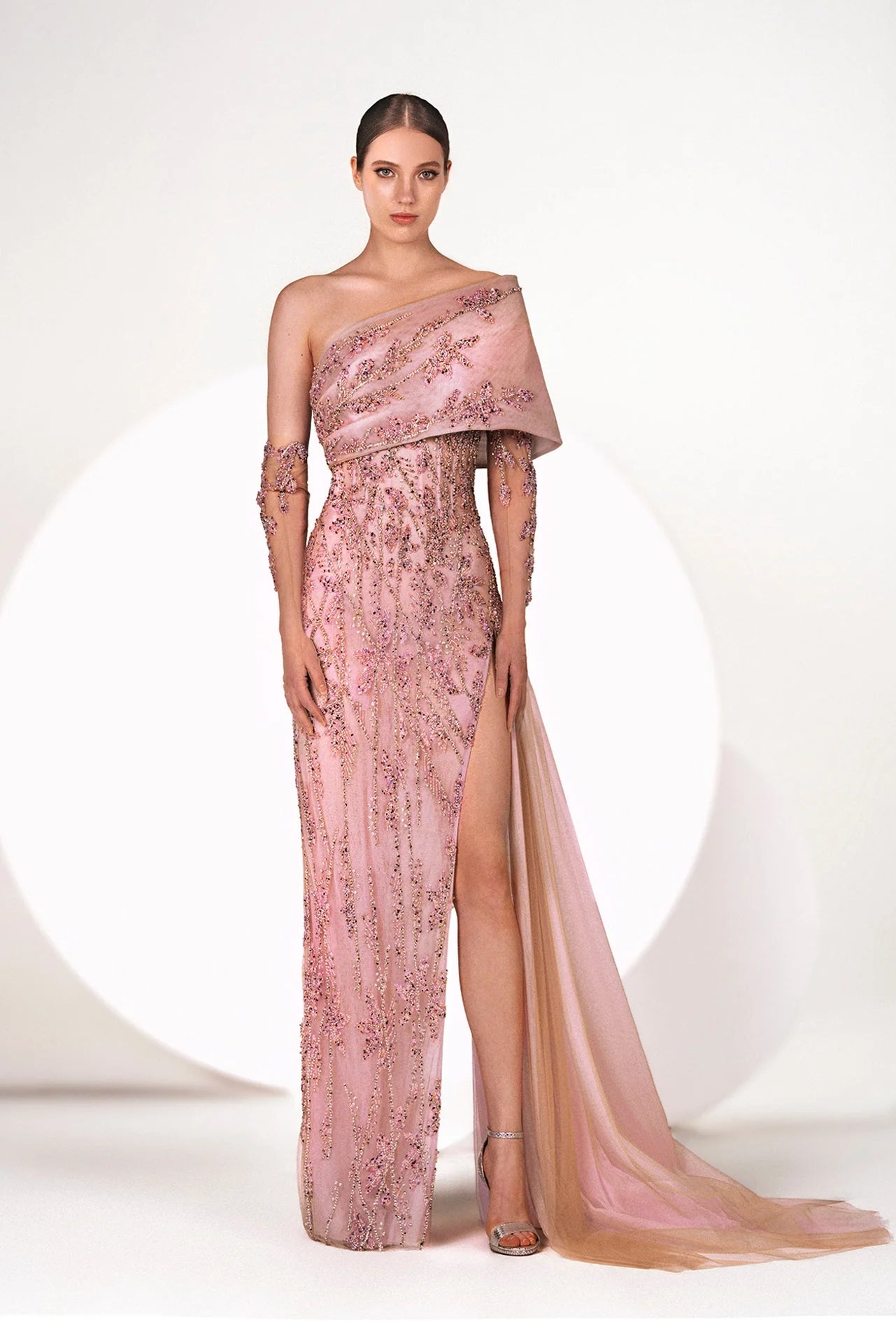 One Shoulder Embroidered Gown with Gloves