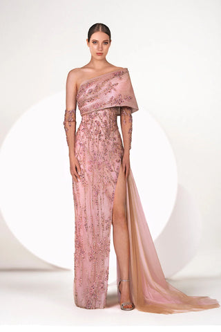 One Shoulder Embroidered Gown with Gloves