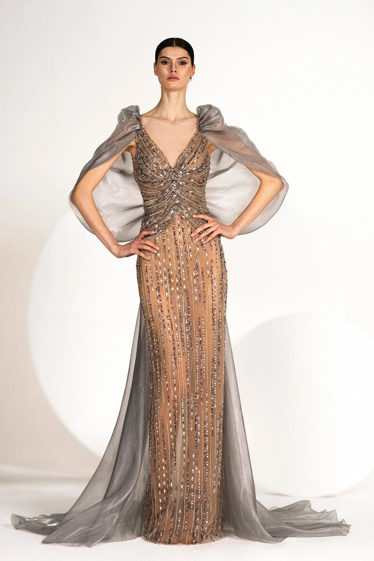Wide V-Neck Gown with Beaded Crystals