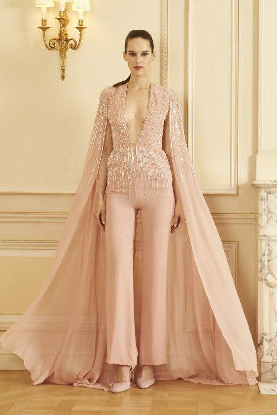 Beaded Georgette Jumpsuit with Cape