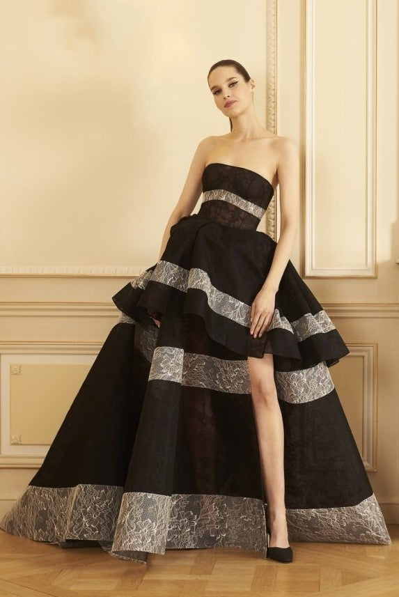 Strapless Ruffled High Slit Lace Gown