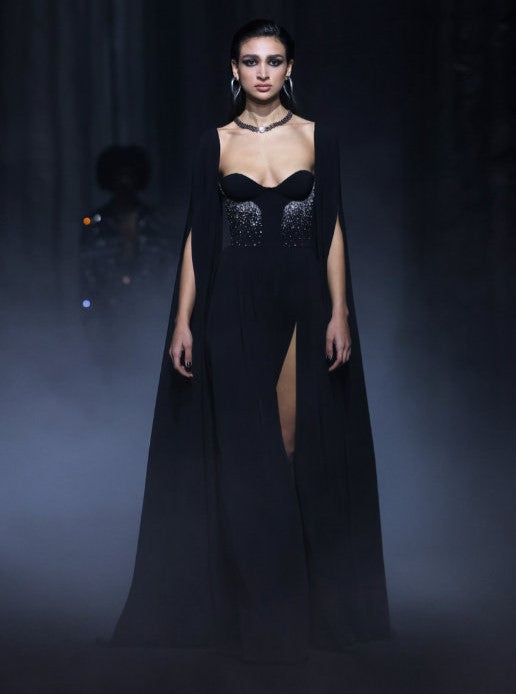 Beaded Crepe Gown with Long Slit Sleeves