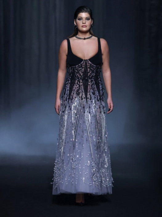 Beaded Tulle Dress with Cr?pe Bust