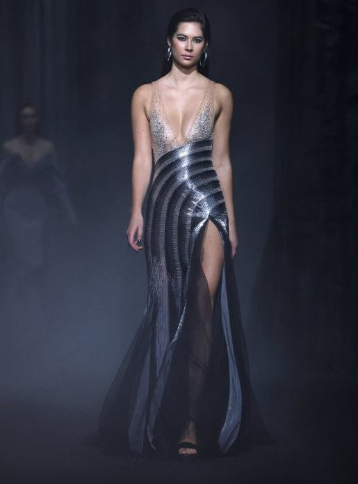 Beaded Tulle Gown with Ruffled Panels