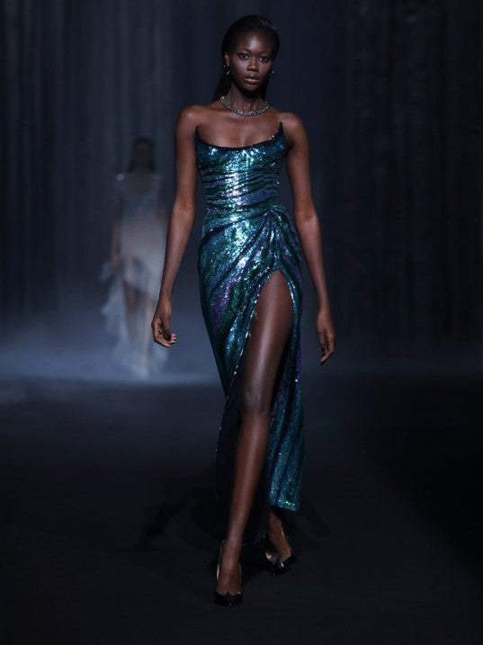 Strapless Beaded Tulle Dress with Slit