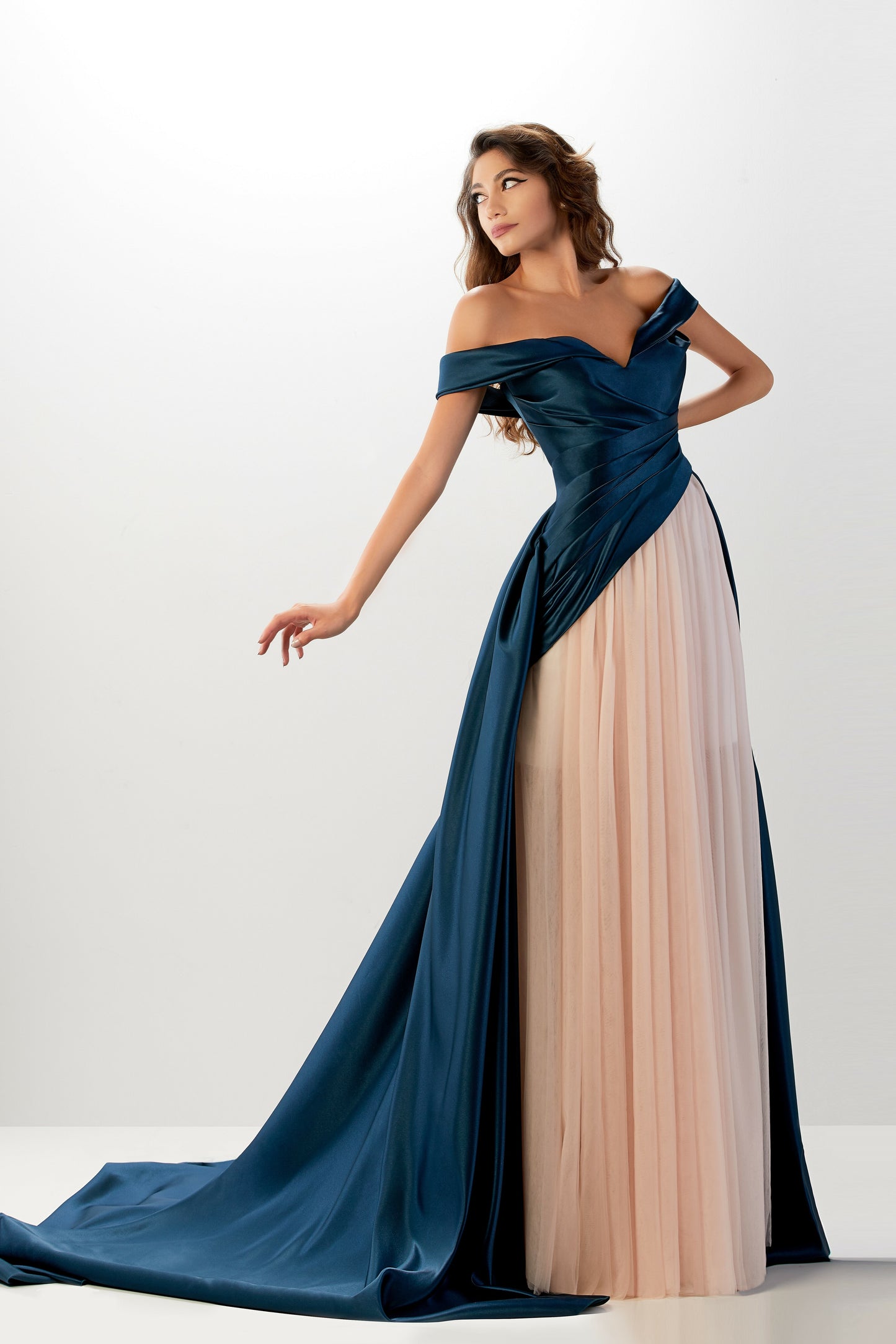 Off The Shoulder Satin and Tulle Gown