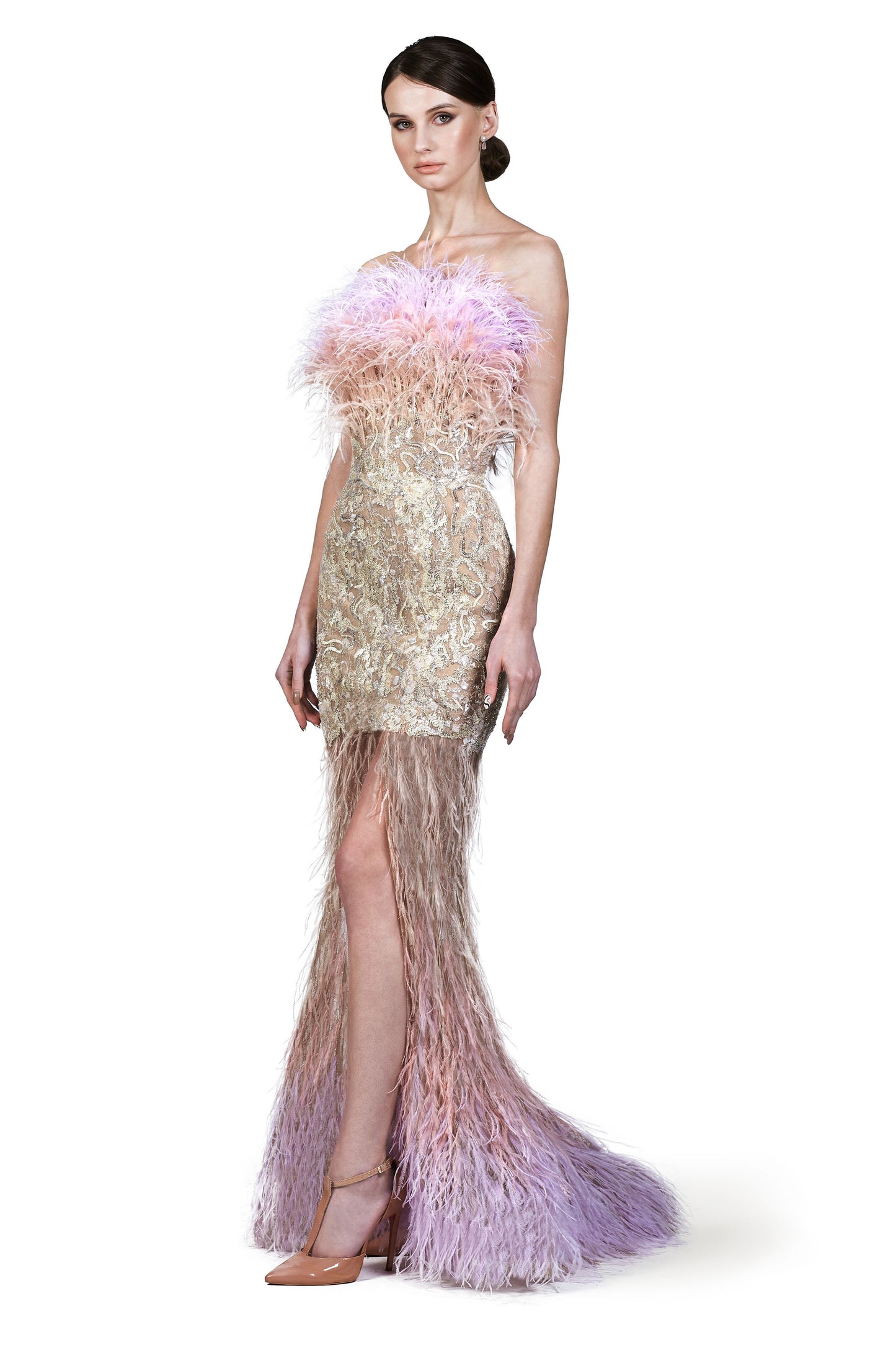 Feathered High-Low Gown