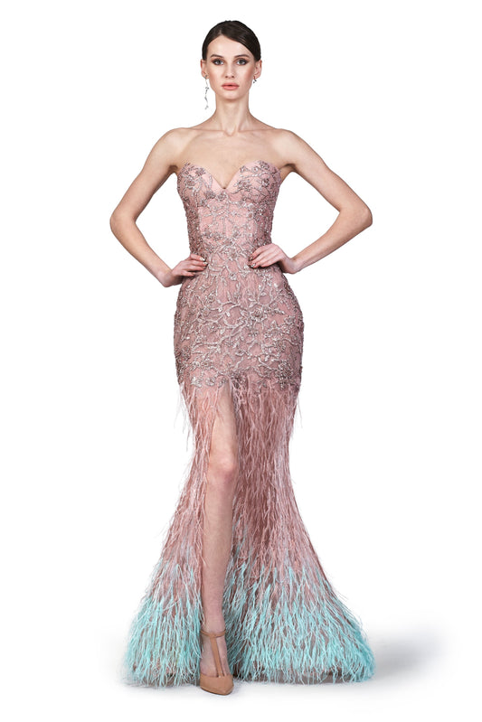 Feathered Slit Gown with Cape