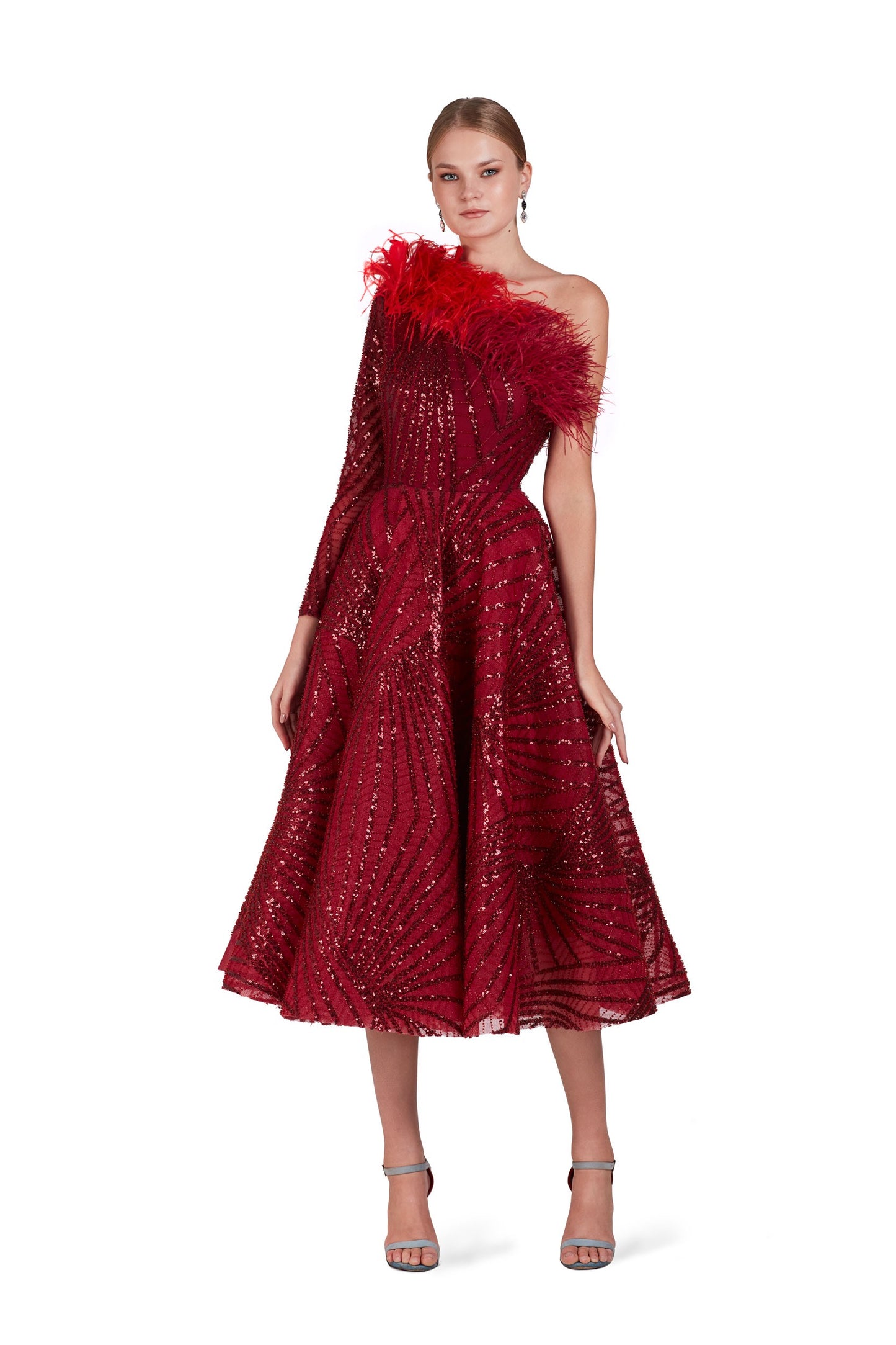 One Shoulder Dress with Ombré Feathers