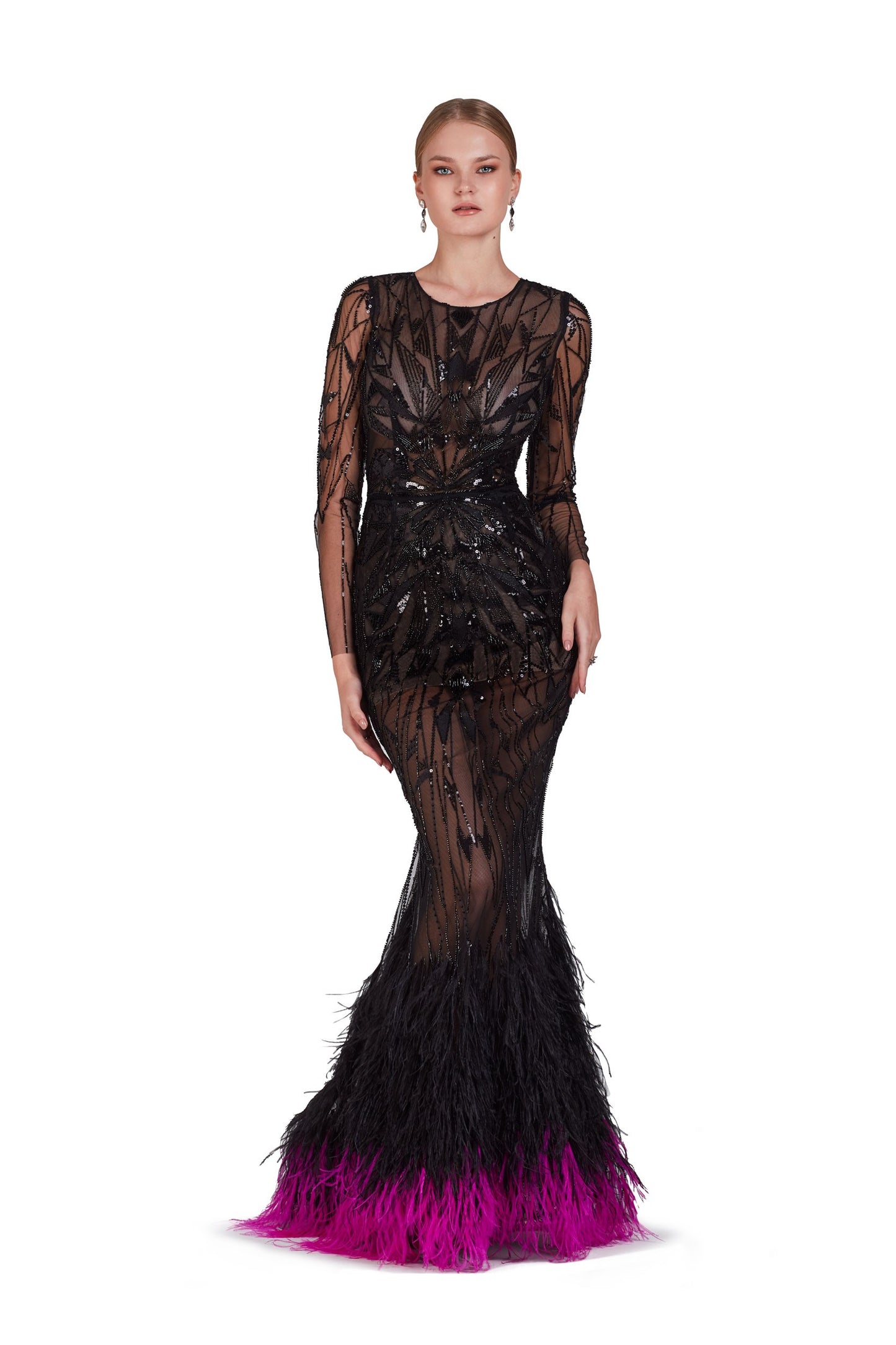 Long Sleeve Gown with Ombré Feathers