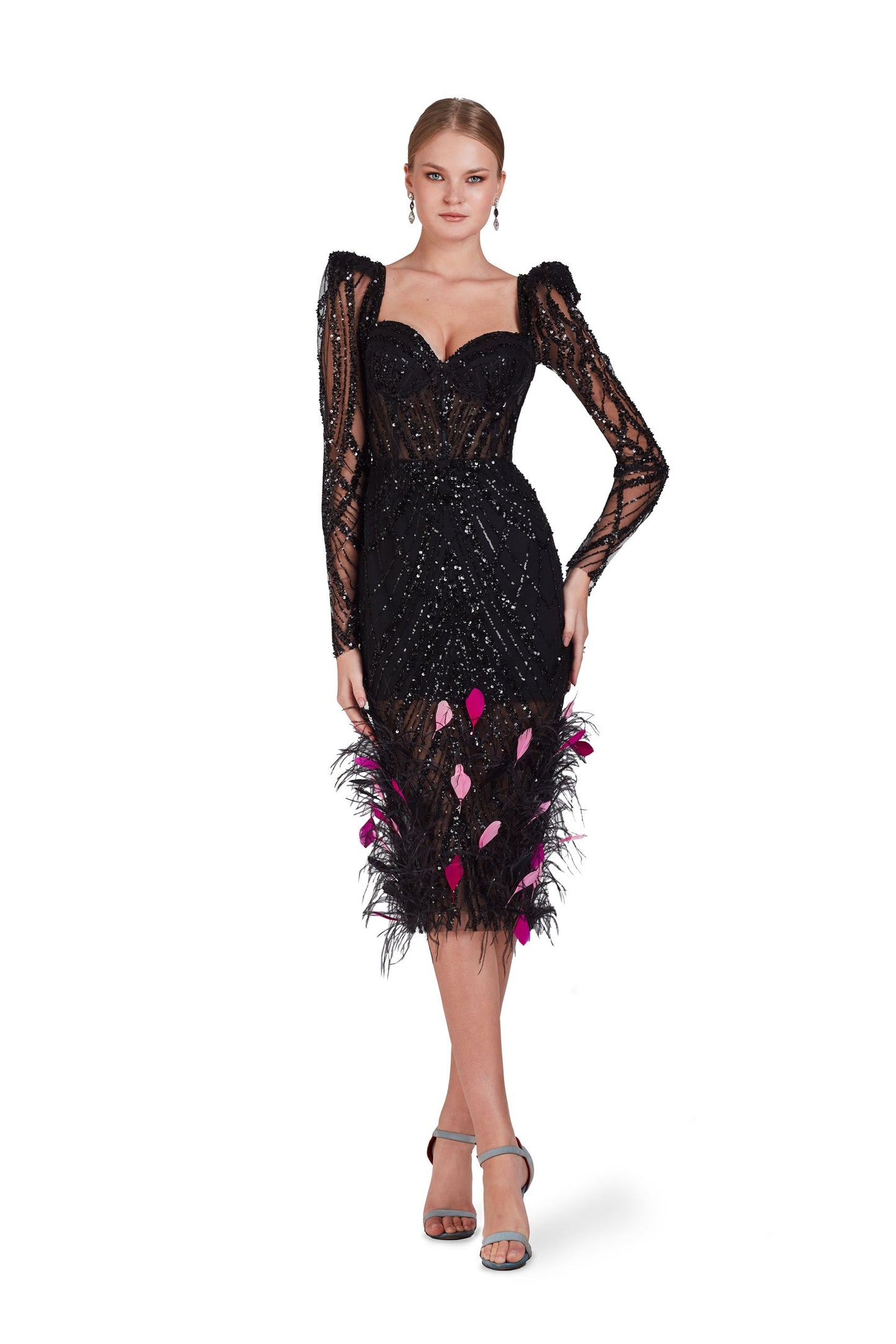 Long Sleeve Beaded Dress with Feathers