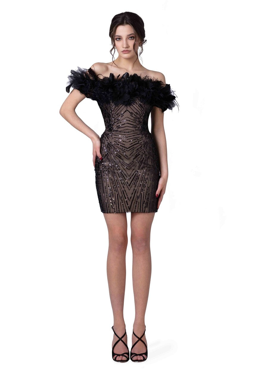 Feathered Off Shoulder Midi Dress