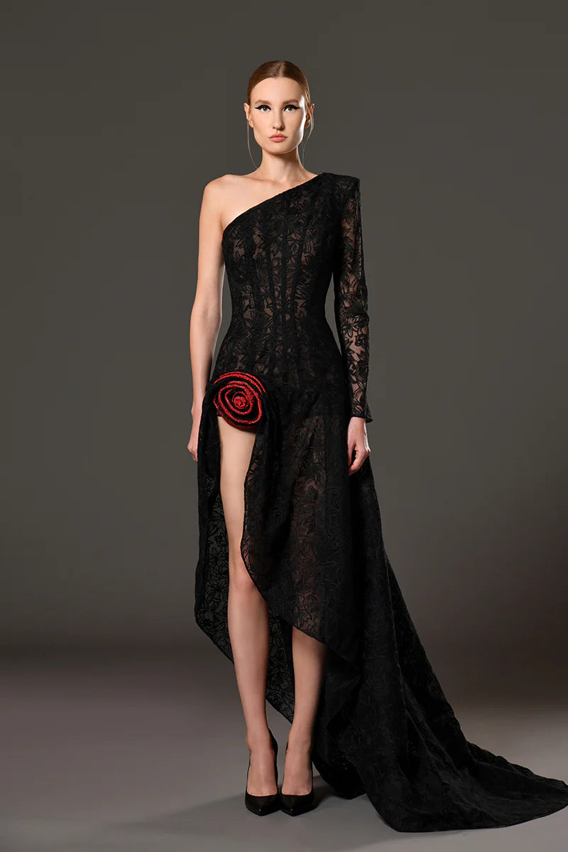 One-Shoulder Illusion Lace Dress