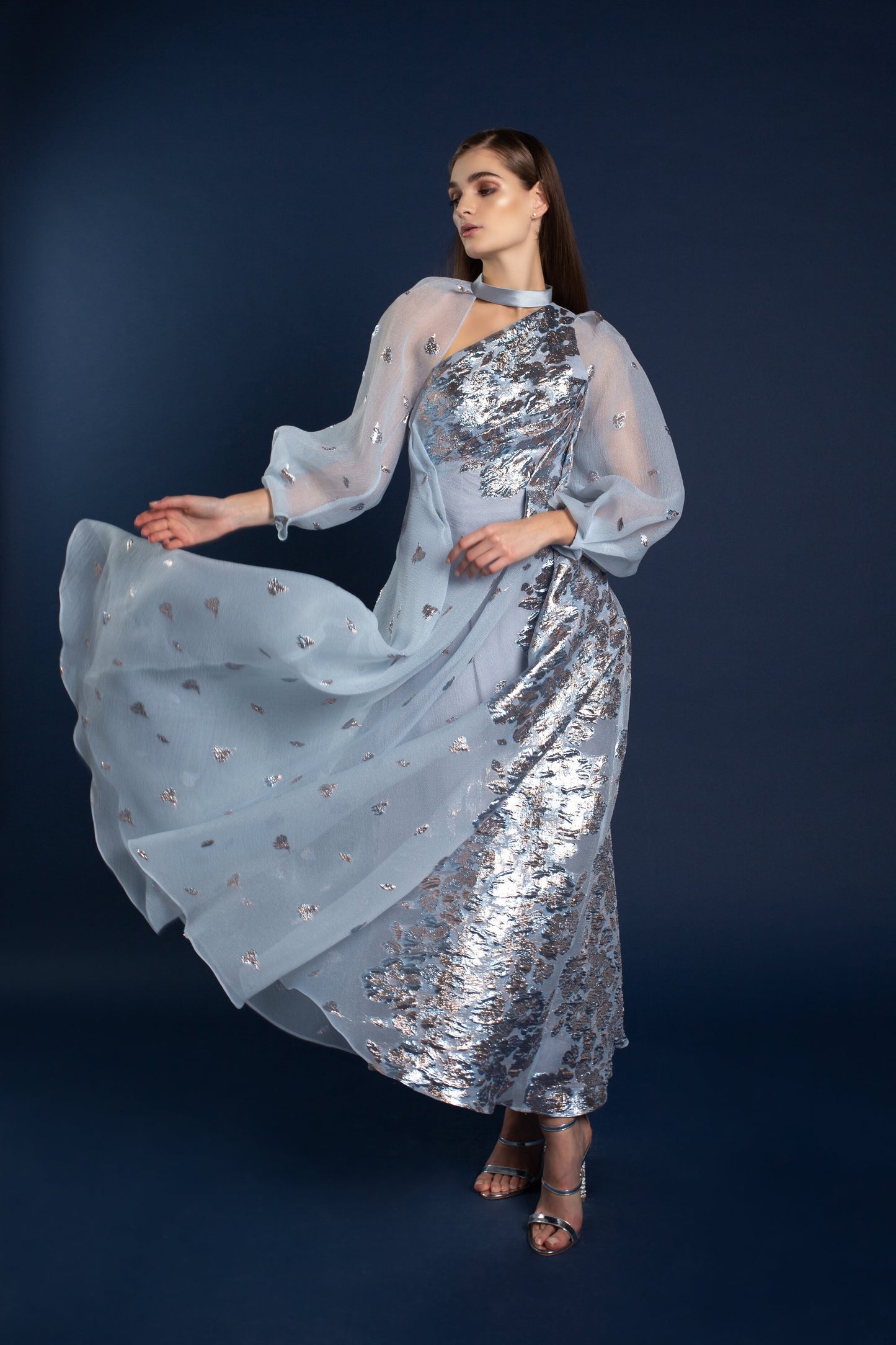 Julia Draped Brocade Long Sleeve Dress