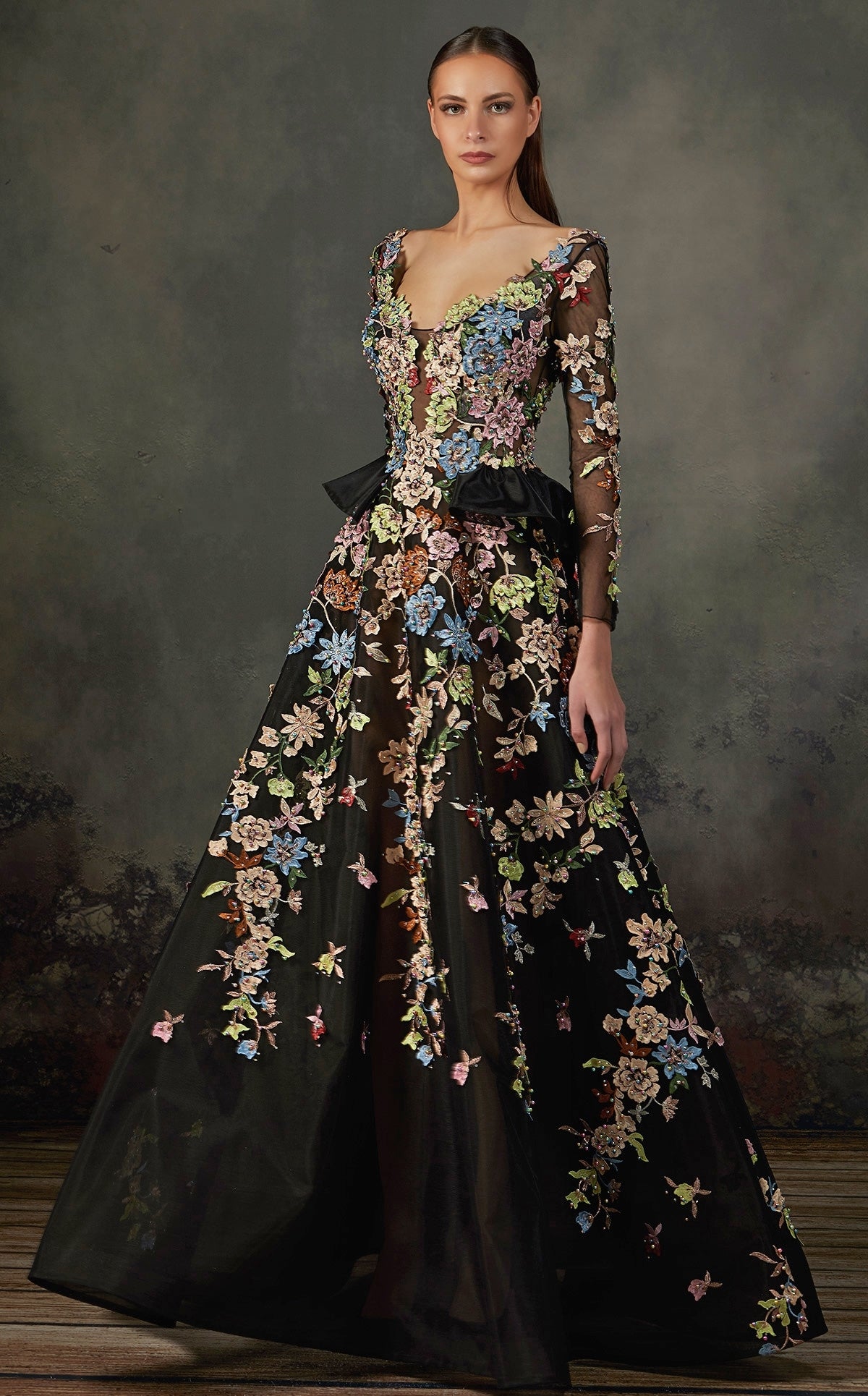Long Sleeve Floral Applique Gown