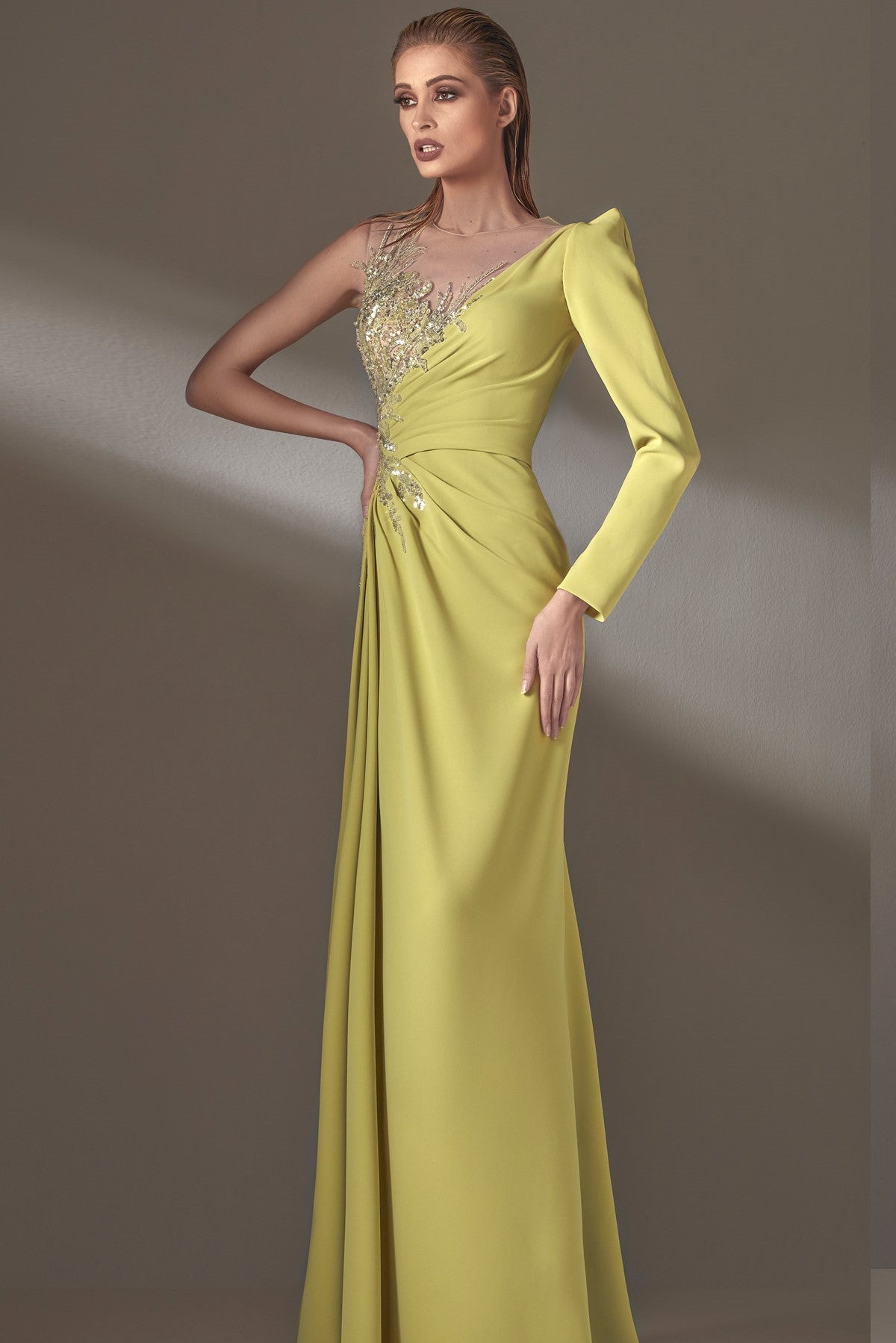 One Shoulder Illusion Draped Gown