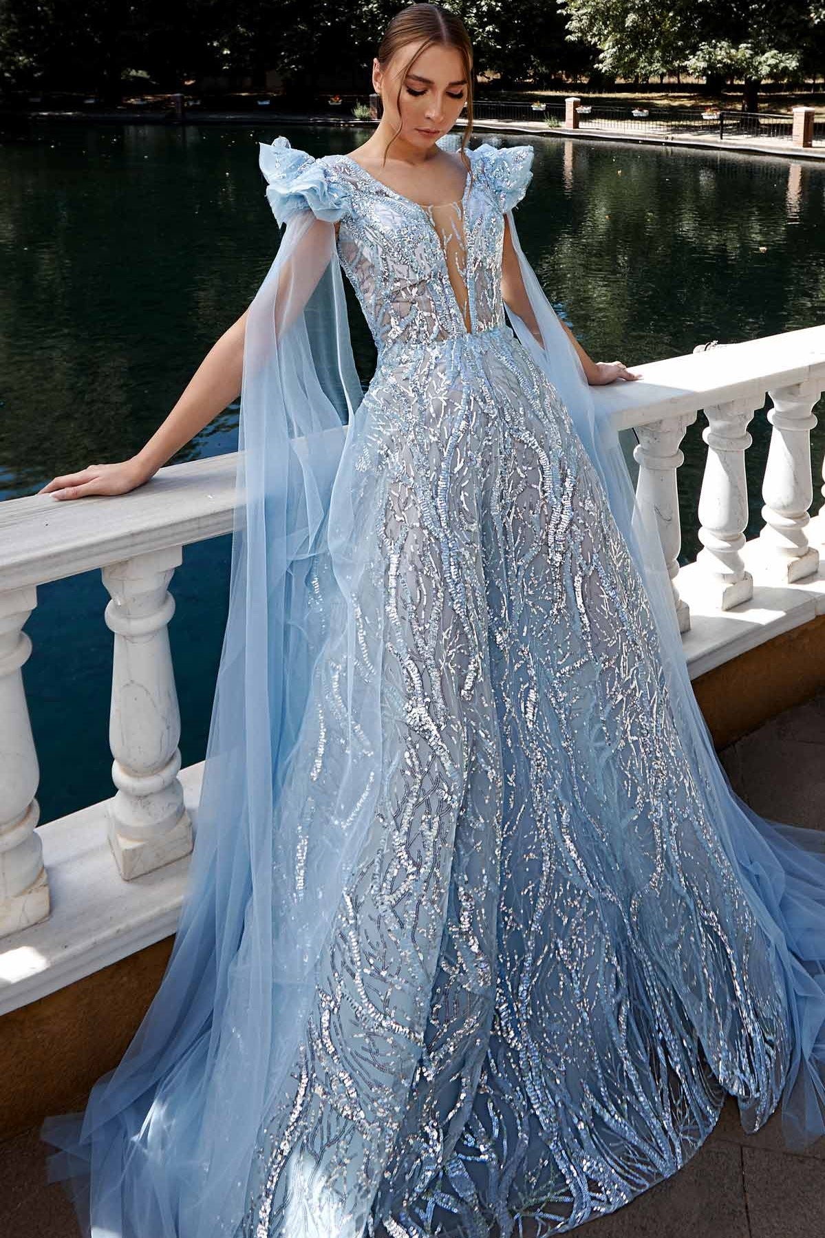 Blue Ruffled Sleeve Gown