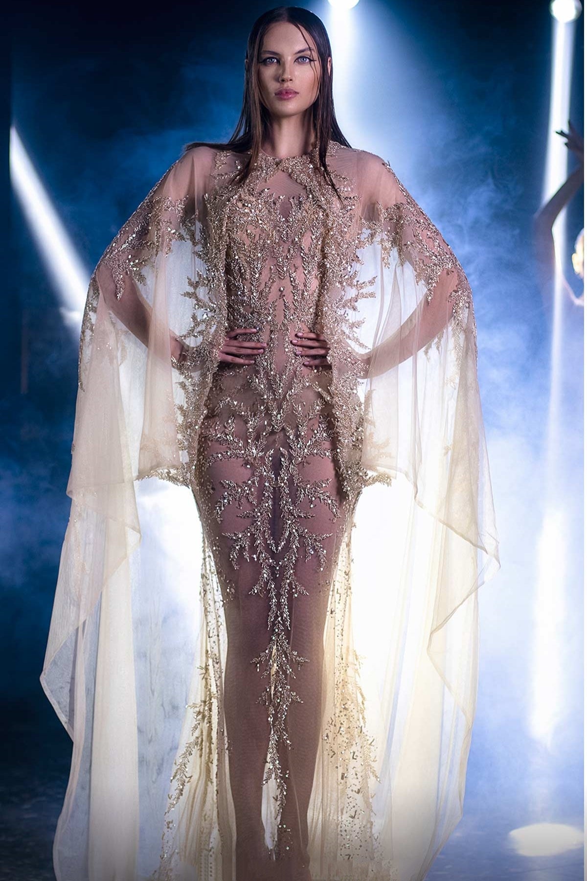 Illusion Beaded Cape Sleeve Gown