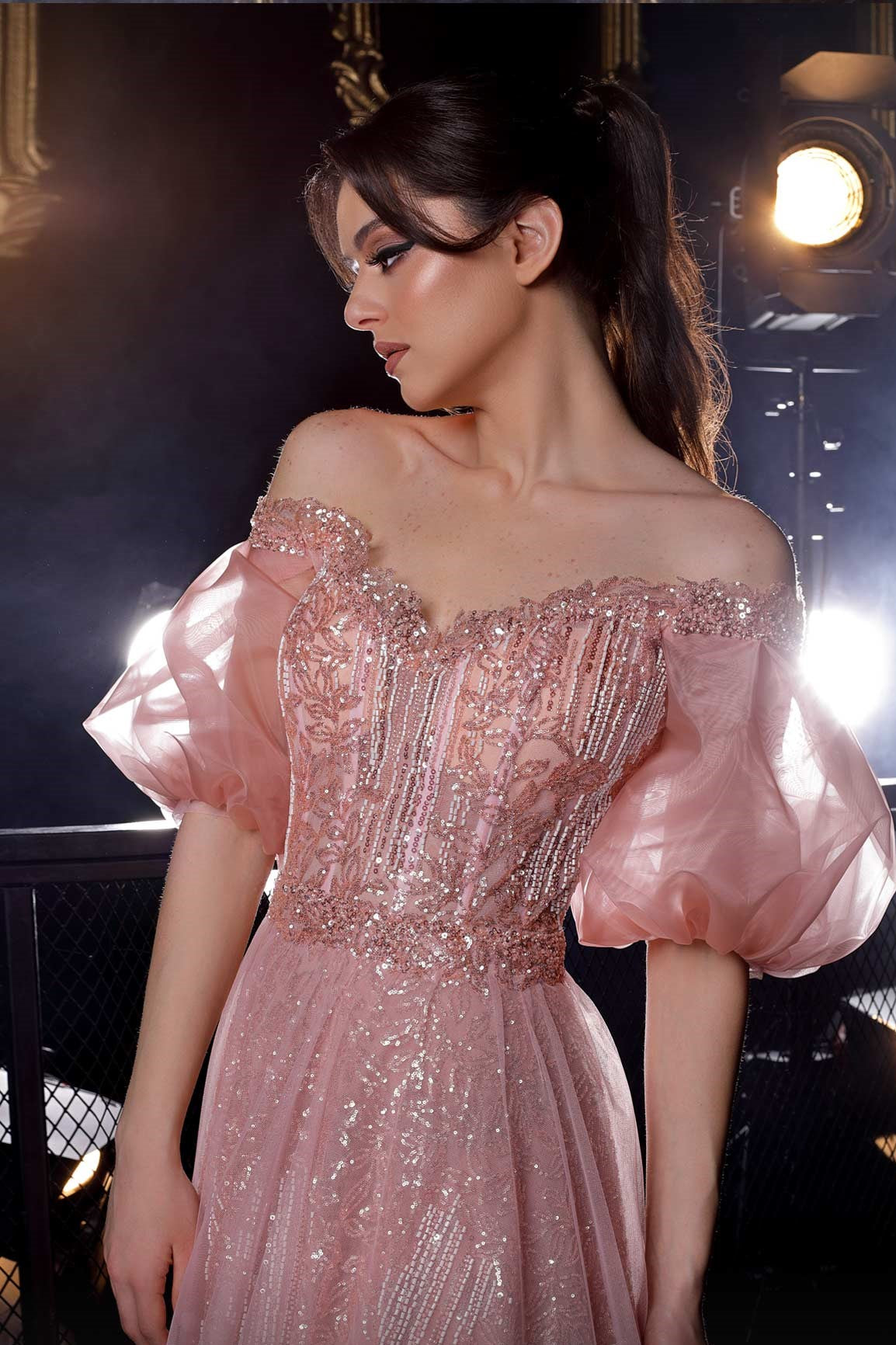 Off Shoulder Puff Sleeve A-Line Gown