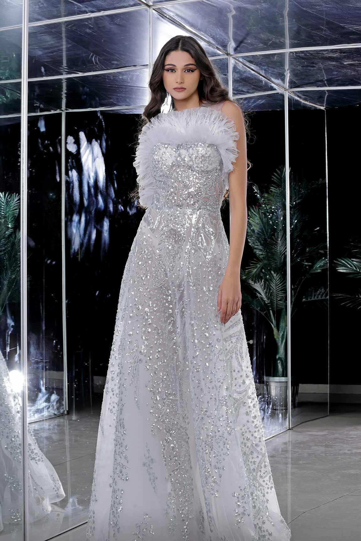 Ruffled Embellished A-Line Gown