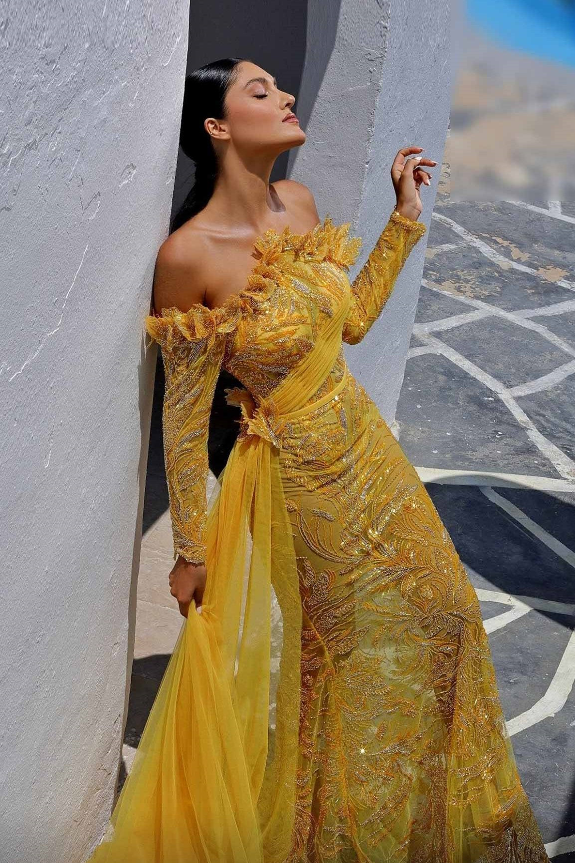 Embellished Off the Shoulder Fitted Gown