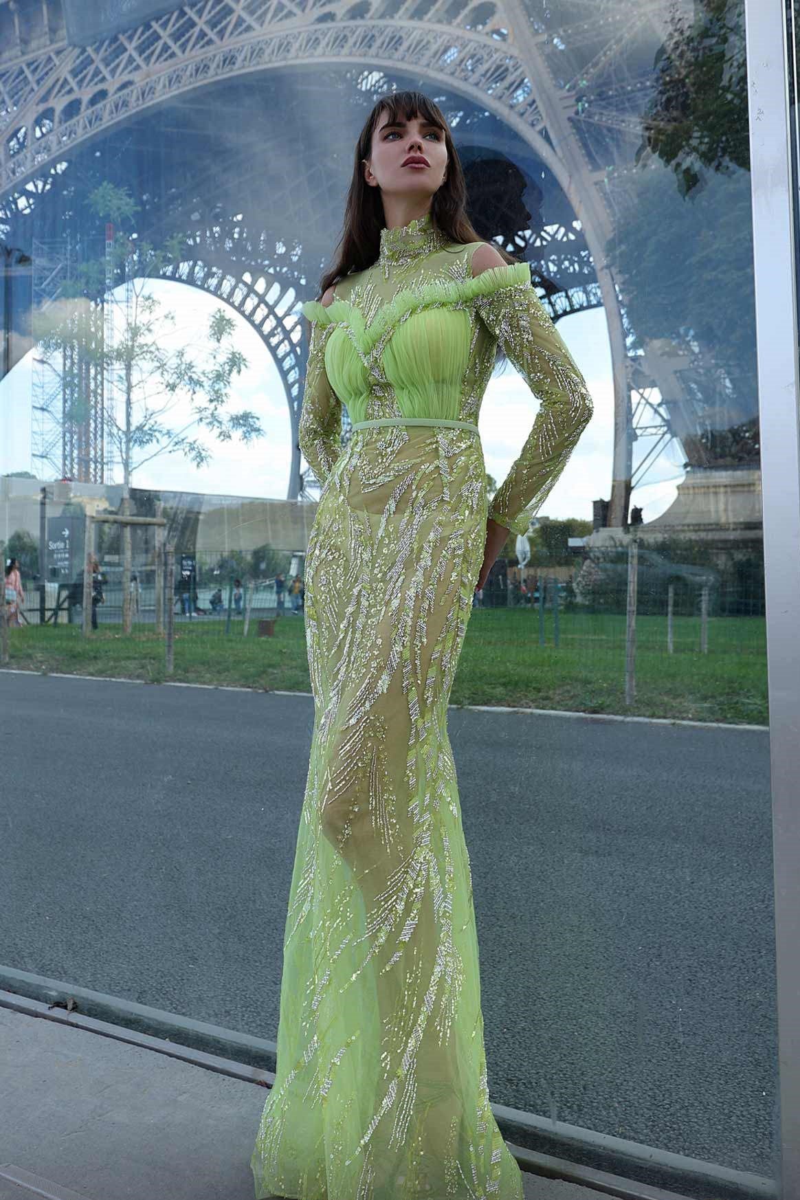 Embellished Long Sleeve Flared Gown