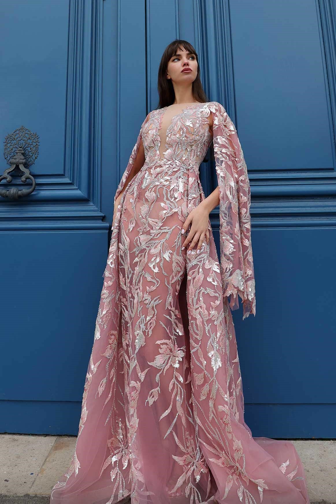 Sheer Neck Cape Sleeve Fitted Gown