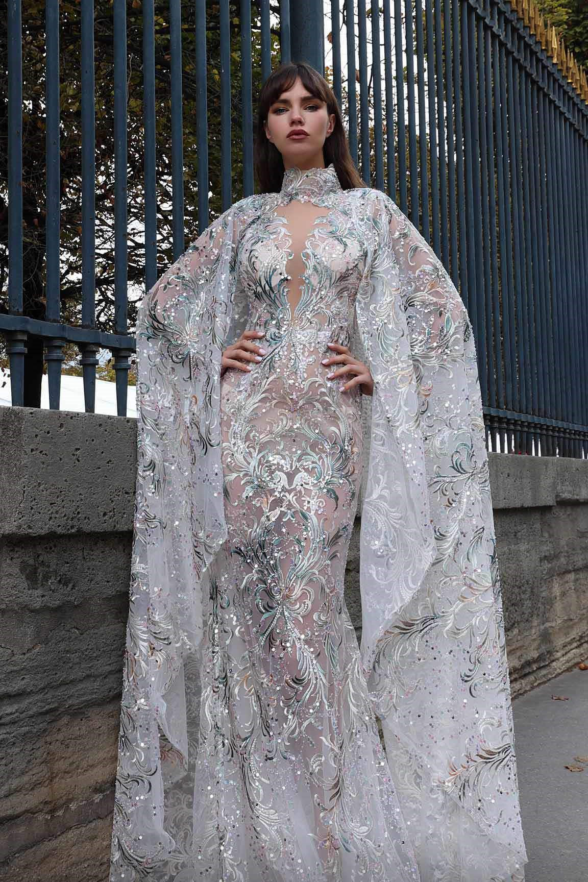 High Neck Cape Sleeve Fitted Gown