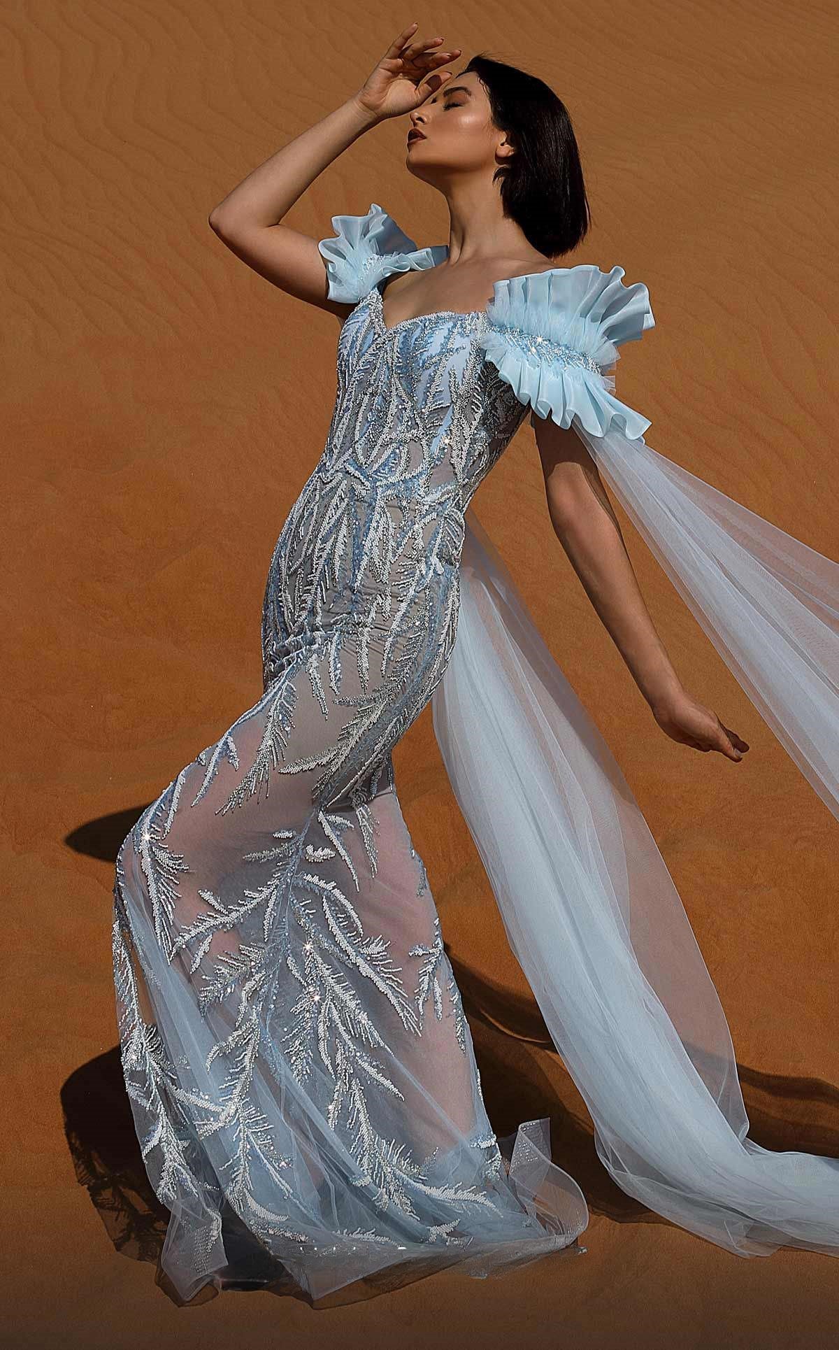 Embellished Ruffled Sleeve Gown