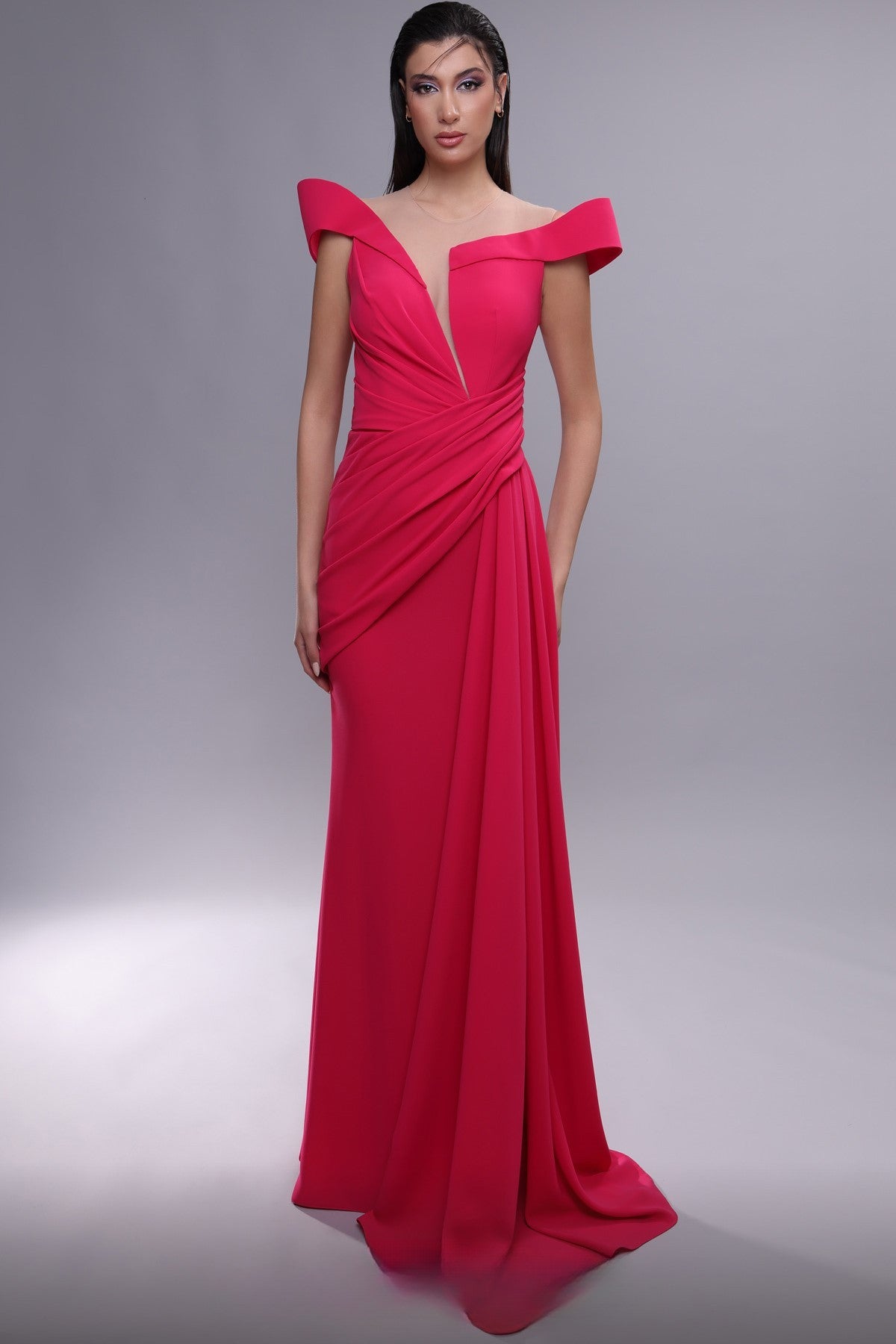 Sculpted Sleeve Draped Gown