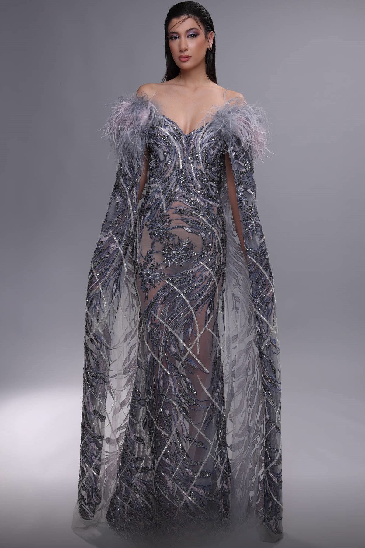 Fully Embellished Cape Sleeve Gown