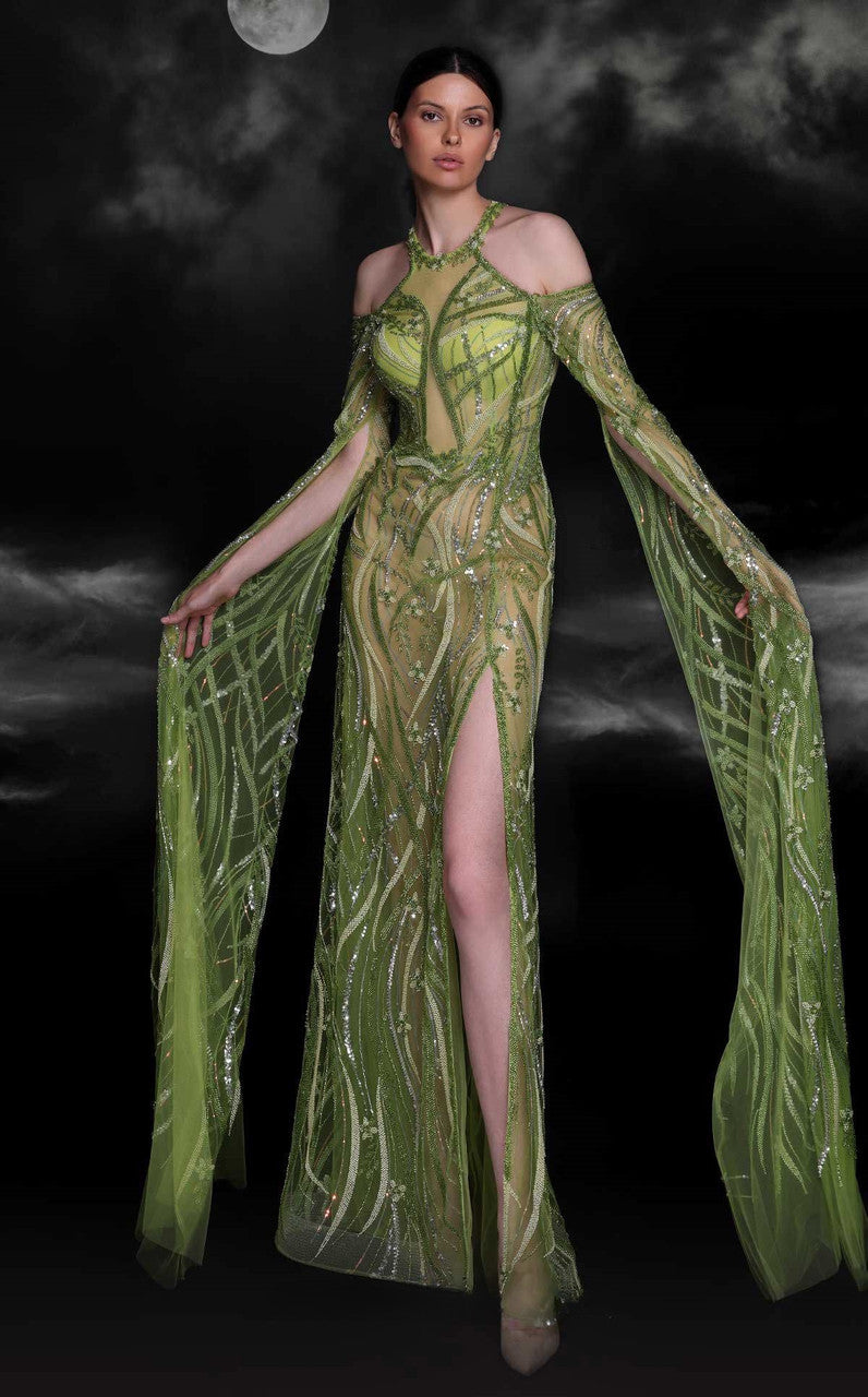 Cape Sleeve Beaded Gown